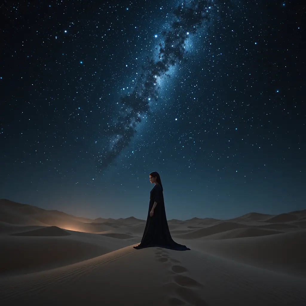 寂靜沙漠星空下的少女