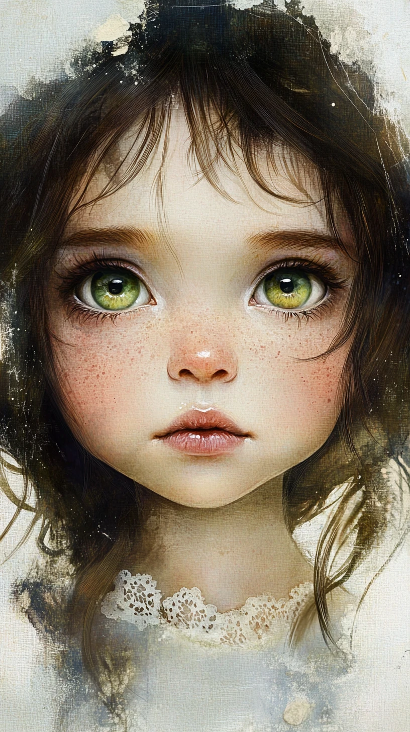 Verspieltes Aquarell-Porträt einer Puppe mit leuchtend grünen Augen