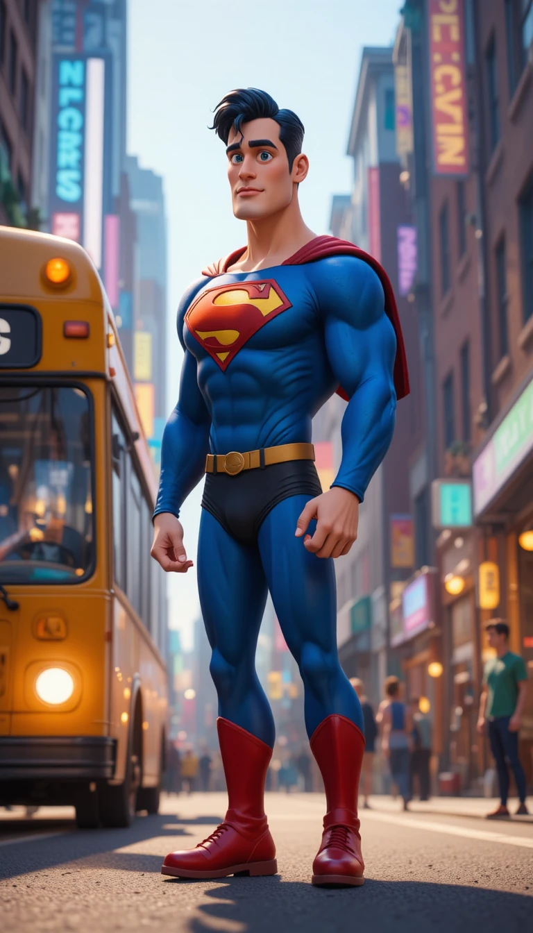Supereroe che posa delicatamente un autobus su una trafficata strada di città
