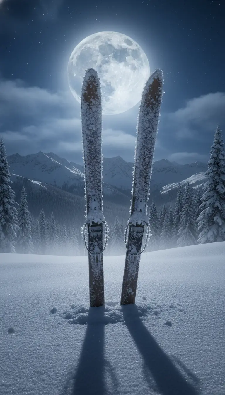Pair of skis standing in snowy landscape under full moon