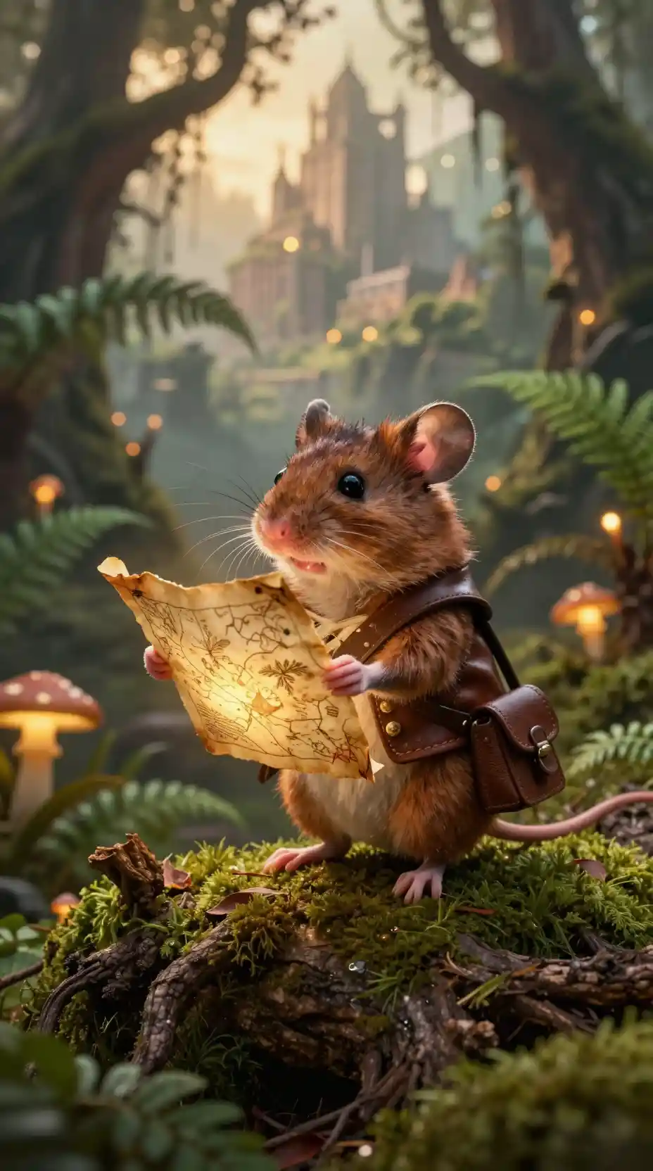 Tiny field mouse explorer studying a glowing map