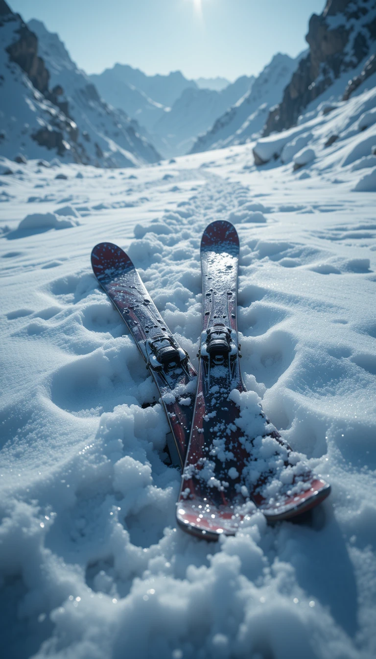 Paire de skis plantés verticalement dans la neige d’hiver glacée