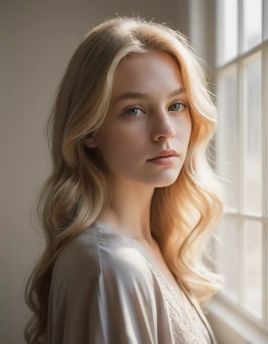 Portrait d’une jeune femme blonde dans une douce lumière de fenêtre