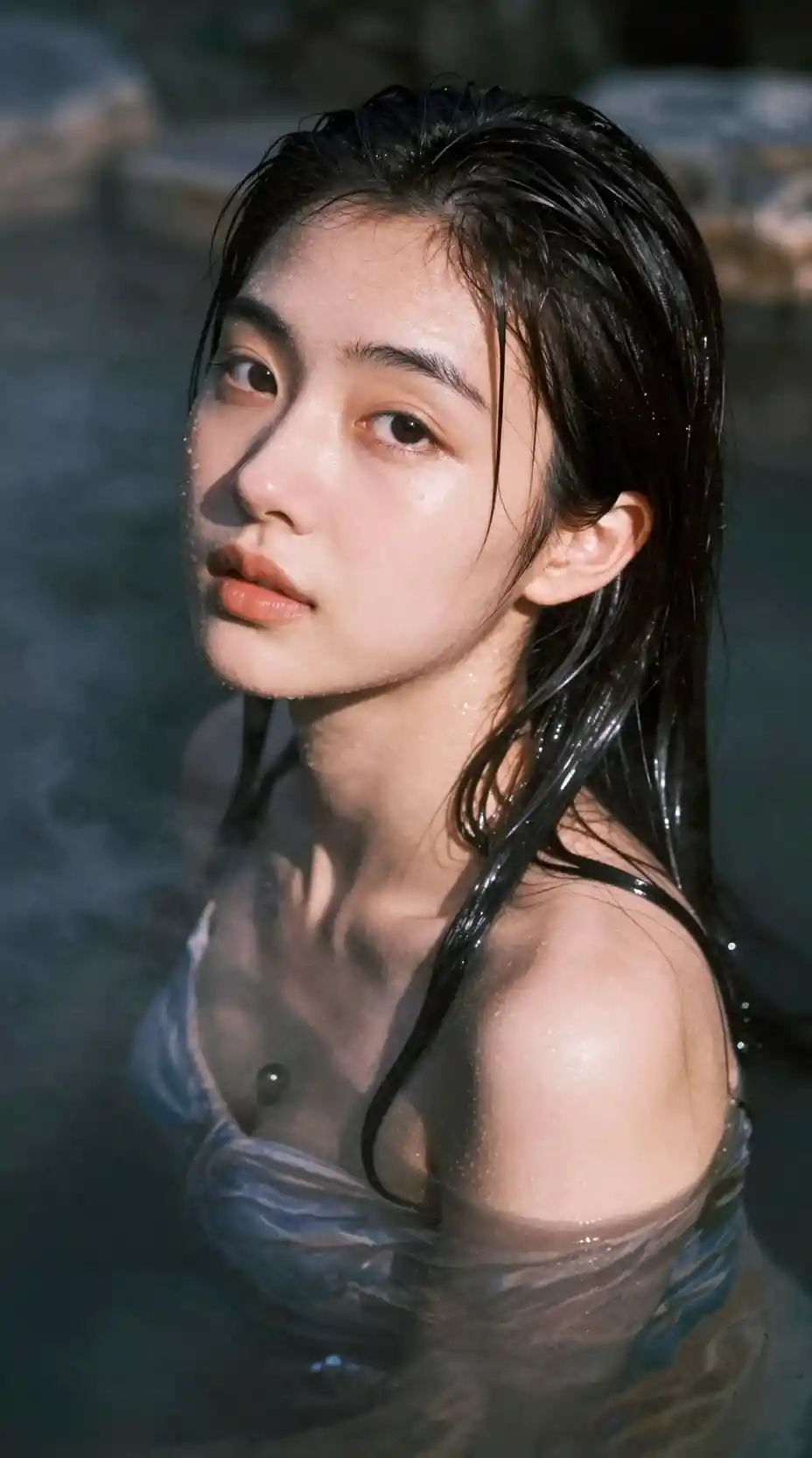 Moonlit portrait of a young woman in outdoor onsen steam