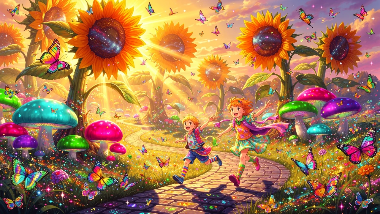 Pradera psicodélica de girasoles con niños a la hora dorada