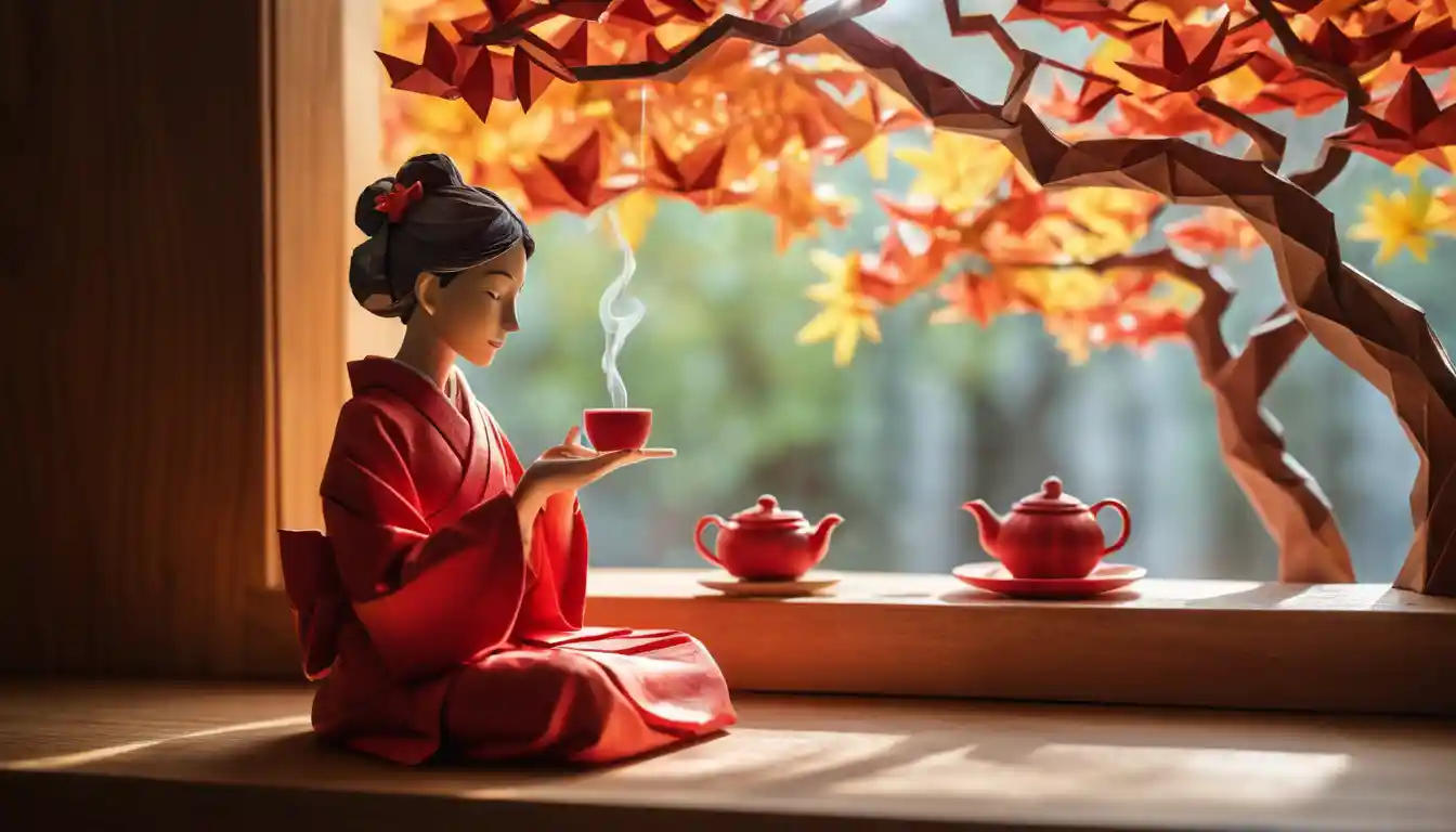 Origami woman in red kimono enjoying tea by window