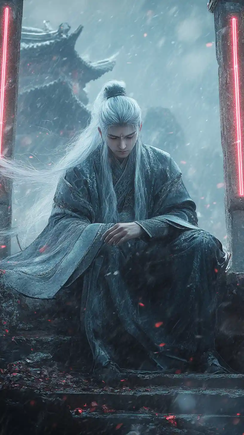 Melancholic man in hanfu on a ruined stone wall