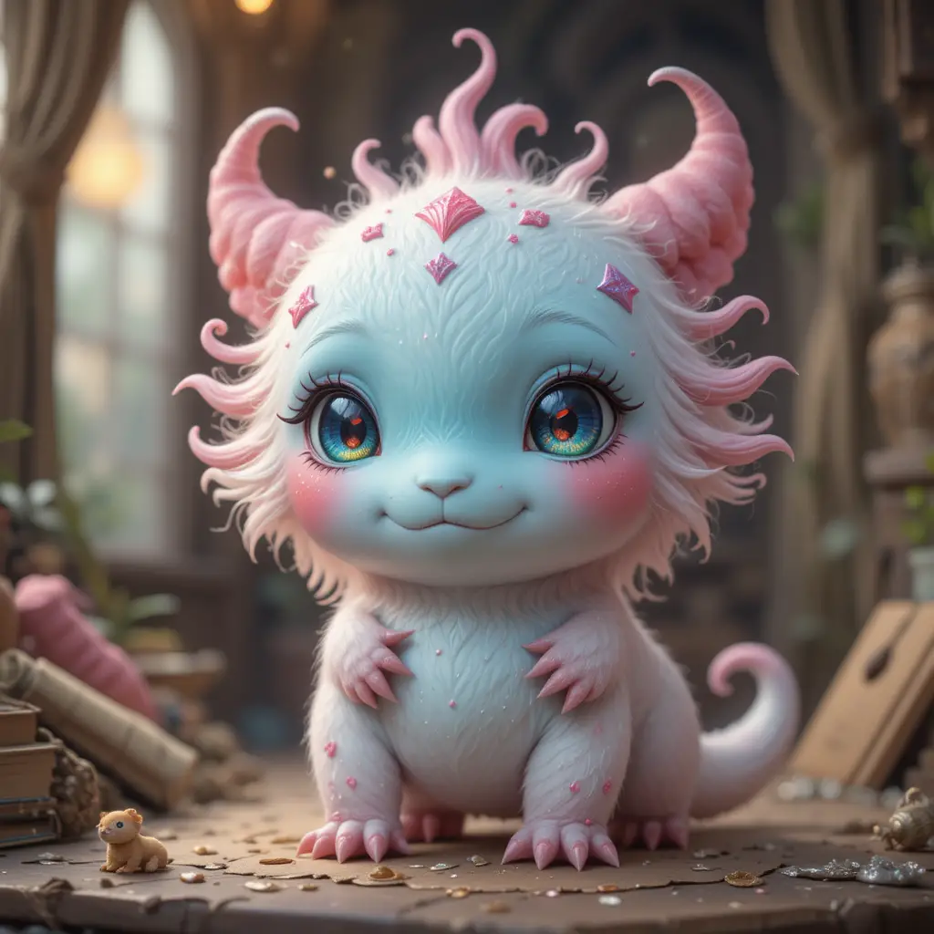 Adorabile mostriciattolo chibi in illustrazione fantasy dai toni pastello morbidi