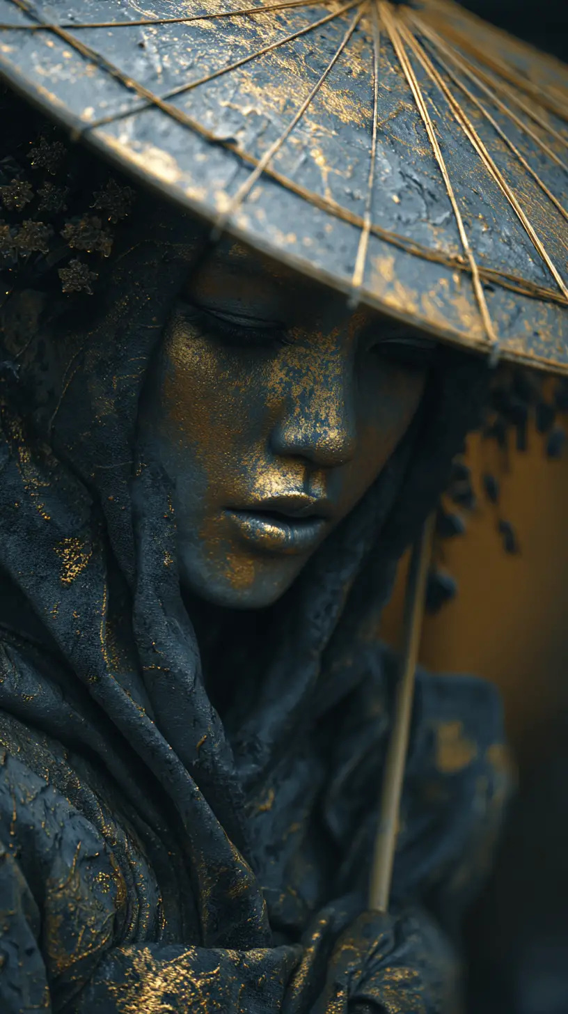 Mysterious cloaked geisha figure emerging from golden mist