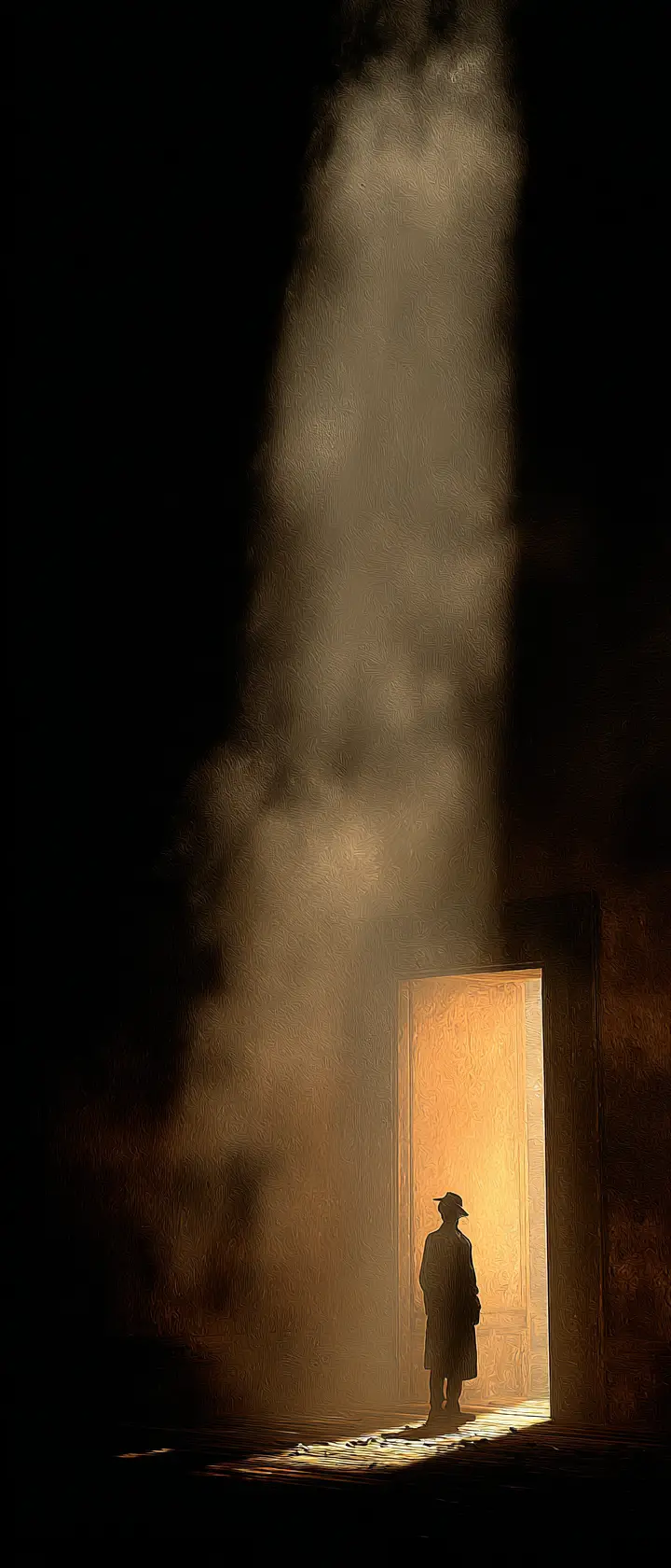 Man staring at his shadow in a dark chamber