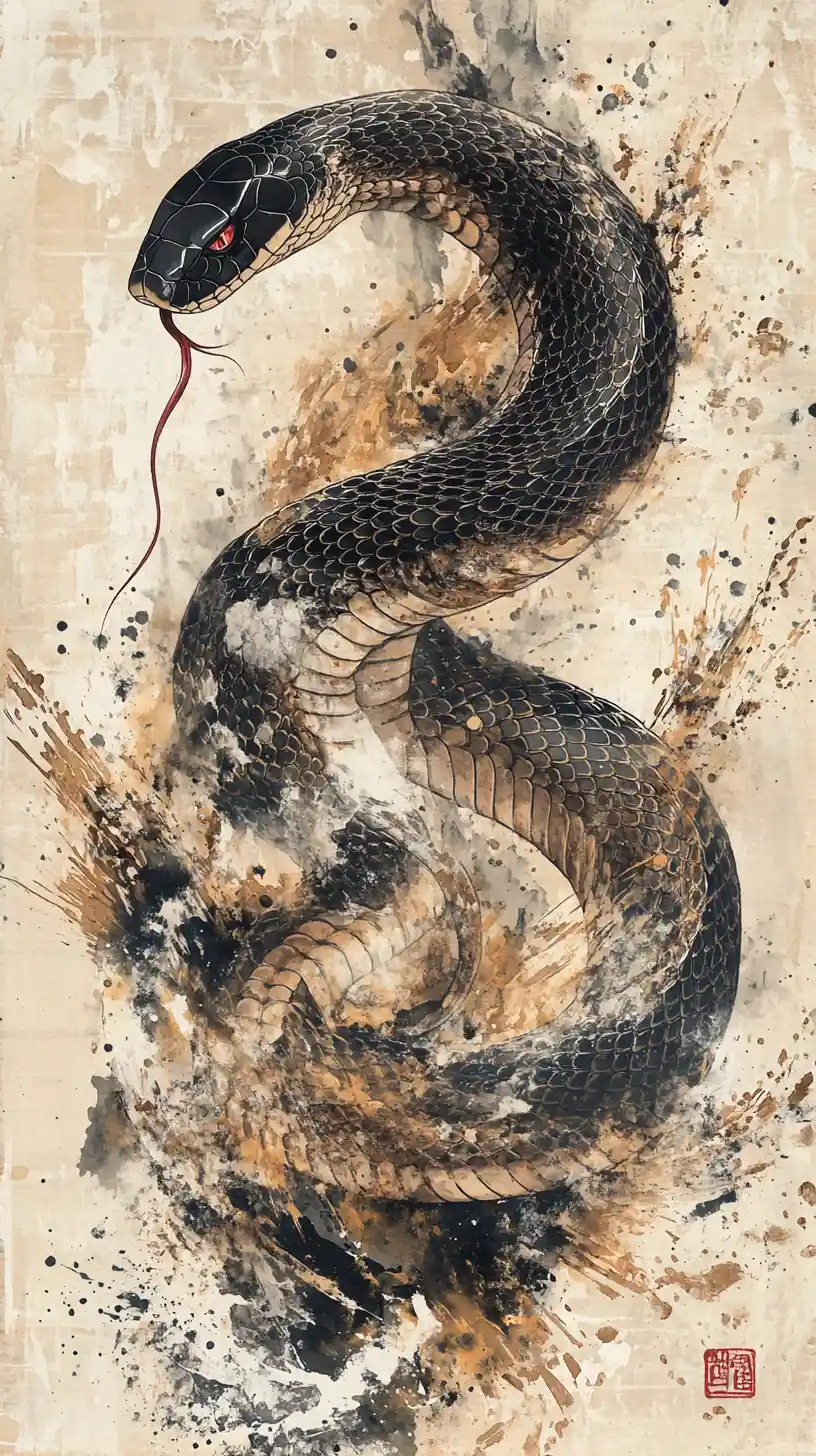 Dreamy watercolor cobra in traditional Japanese inspired style