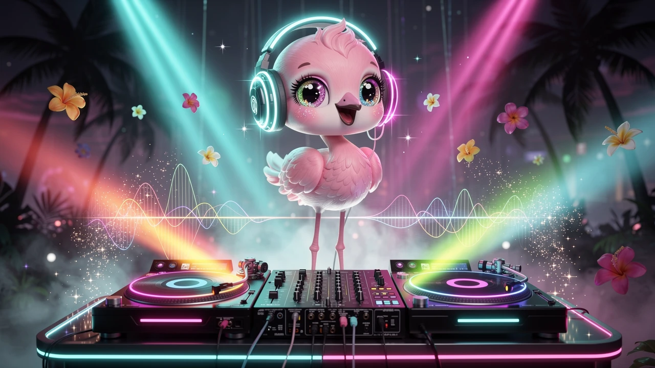 네온 트로피컬 나이트클럽의 귀여운 3D 플라밍고 DJ