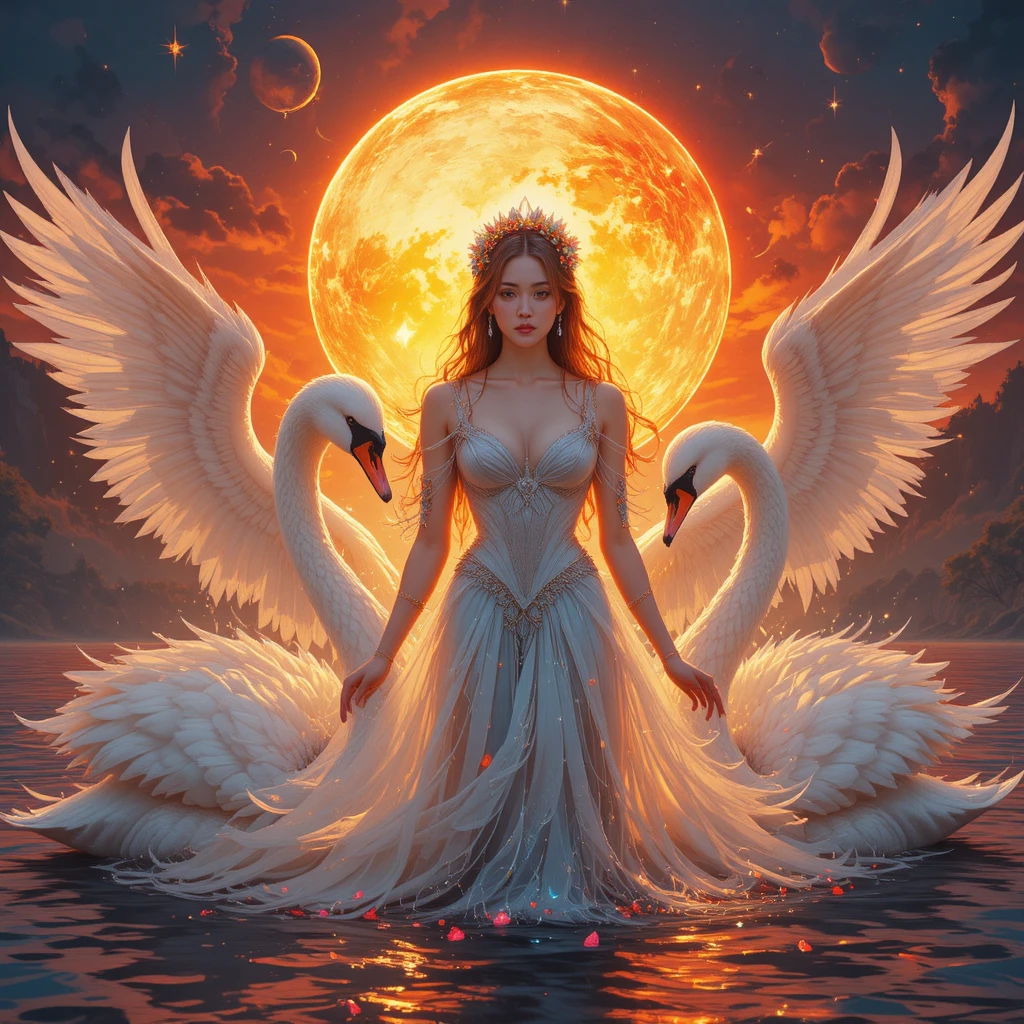 Femme avec des cygnes sous un ciel de coucher de soleil vif et flamboyant