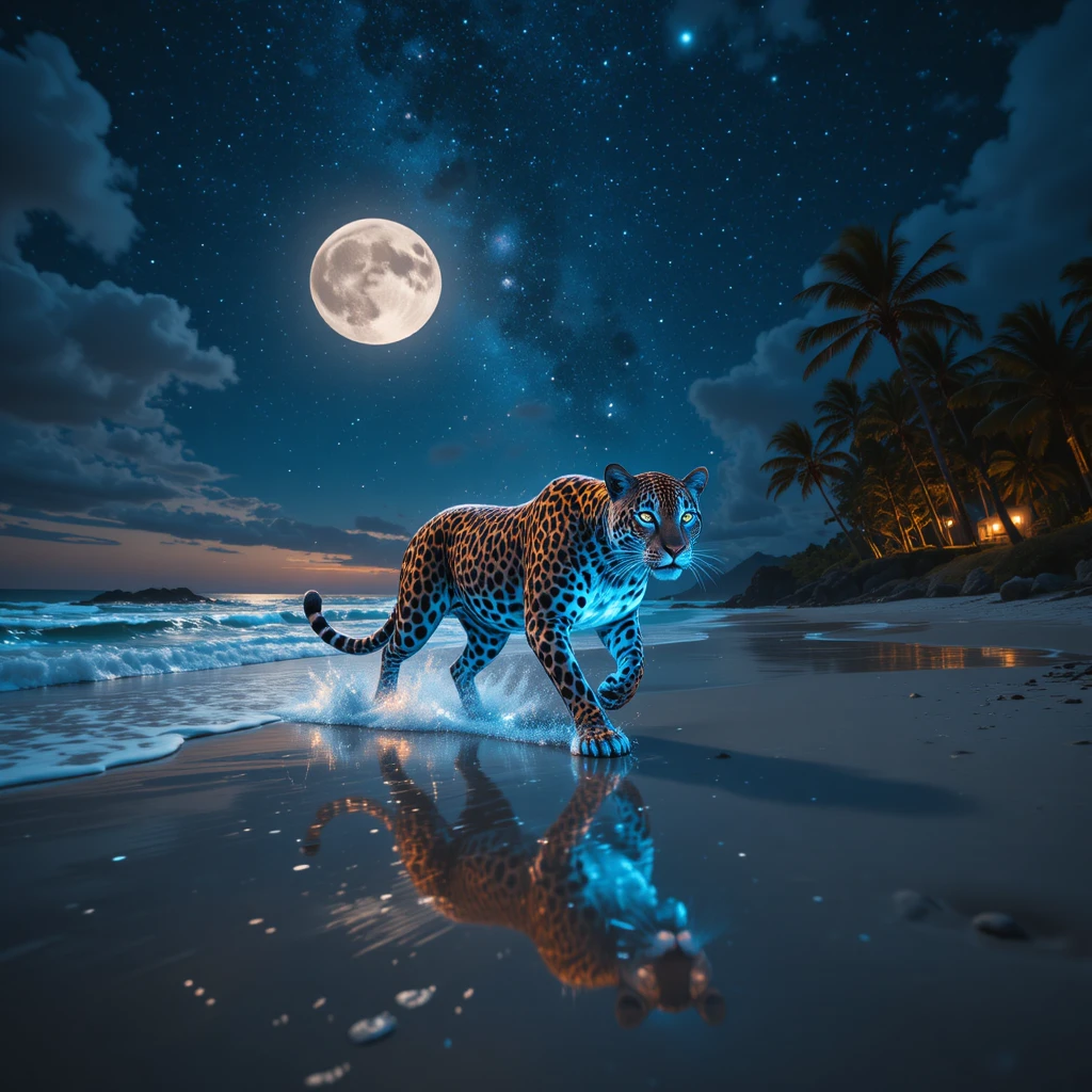Leopardo che corre lungo una spiaggia bioluminescente al chiaro di luna