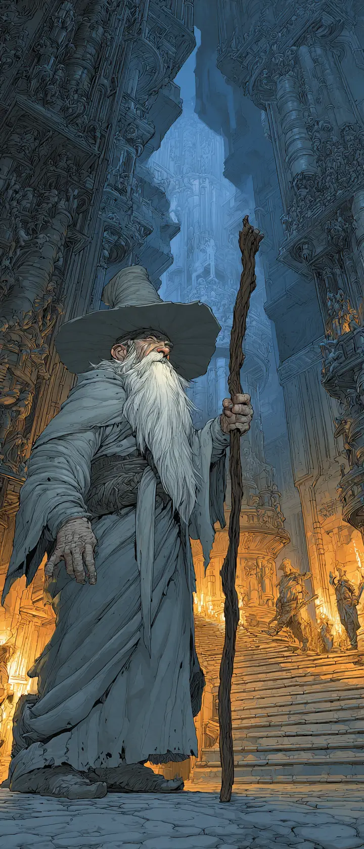Old wizard in ancient stone temple with mystic light