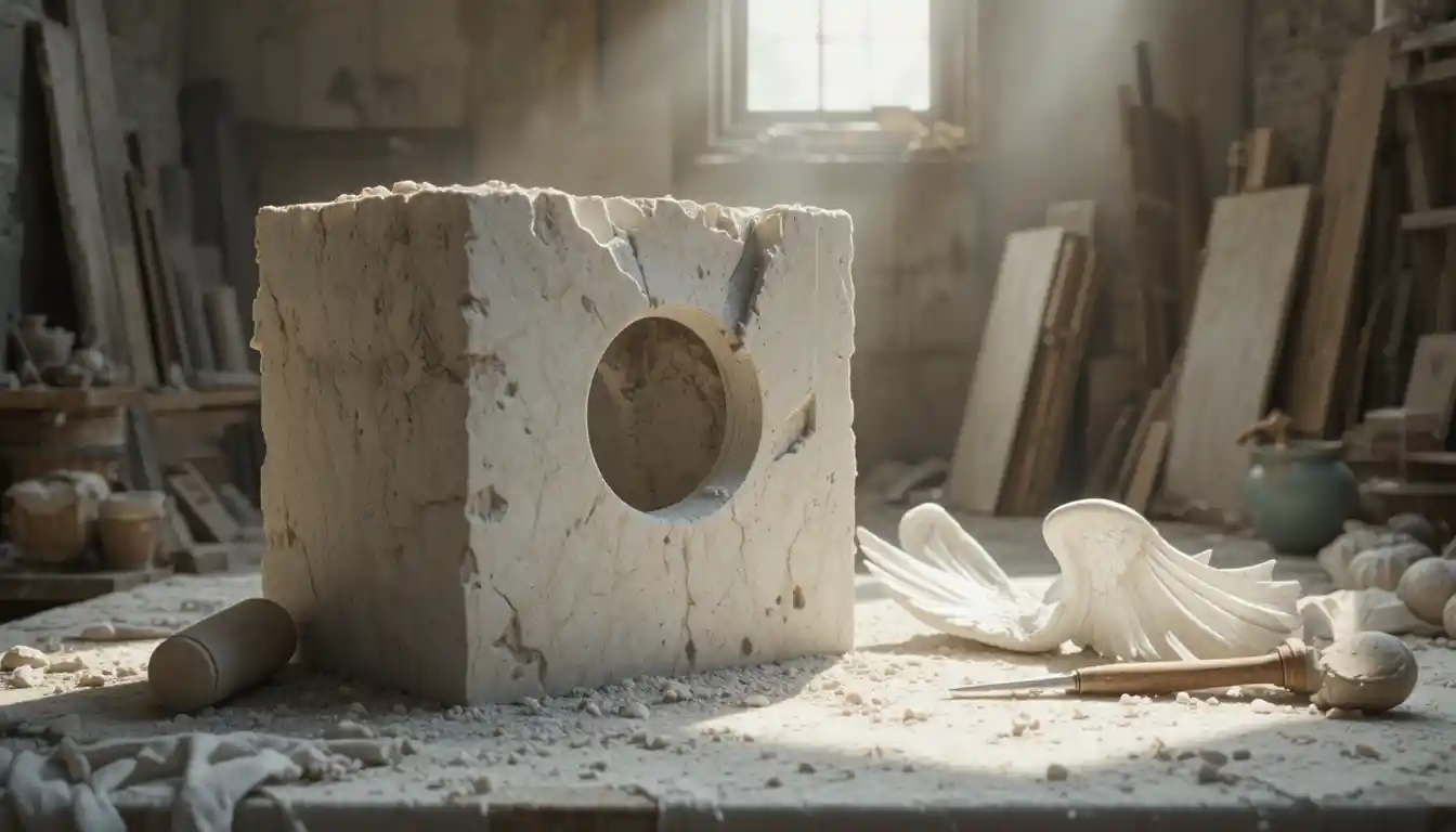 Serene sculptor studio with marble block and delicate wings
