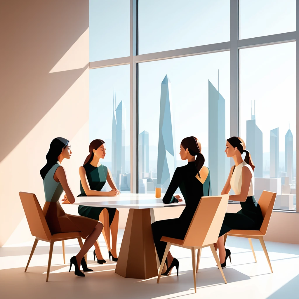 Low poly women gathered in calm indoor conversation