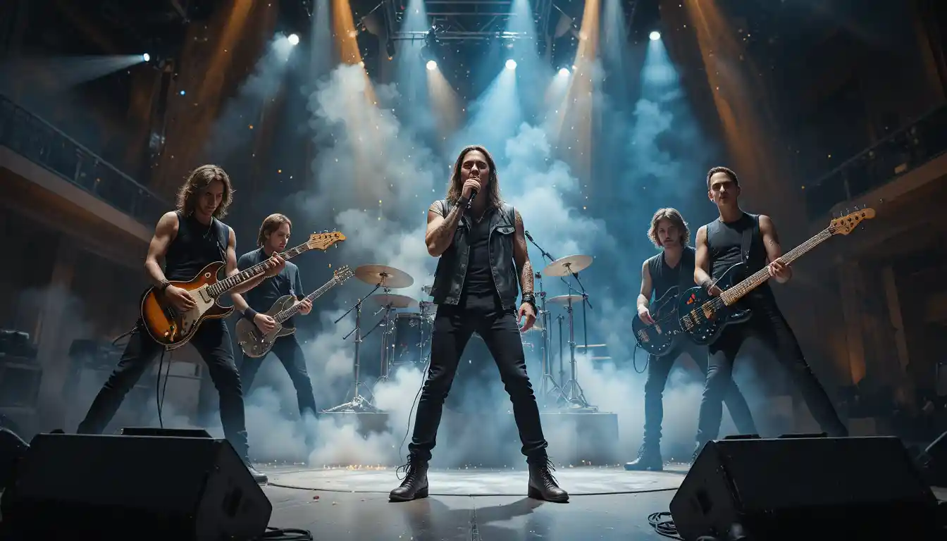 Rock singer and band performing on smoky concert stage