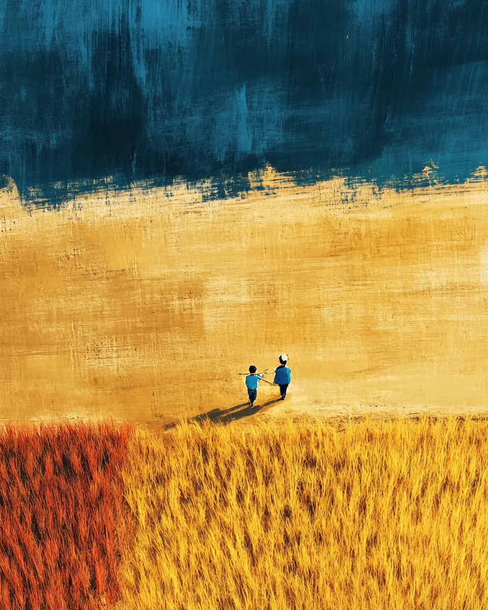 Two farmers harvesting rice seen from a bird eye view
