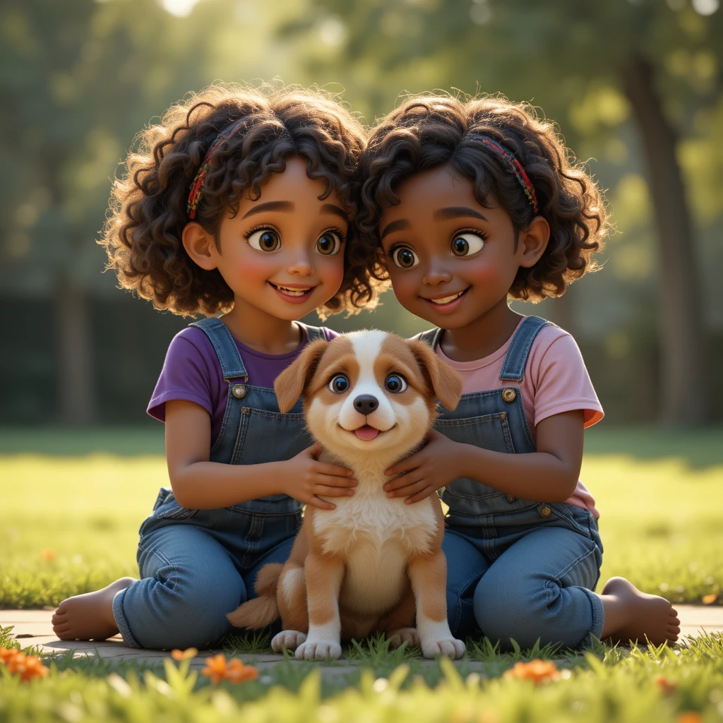 Two young girls playing with a puppy outdoors together