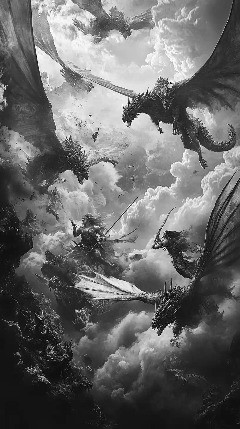 Amazon warrior women riding dragons in stormy sky battle