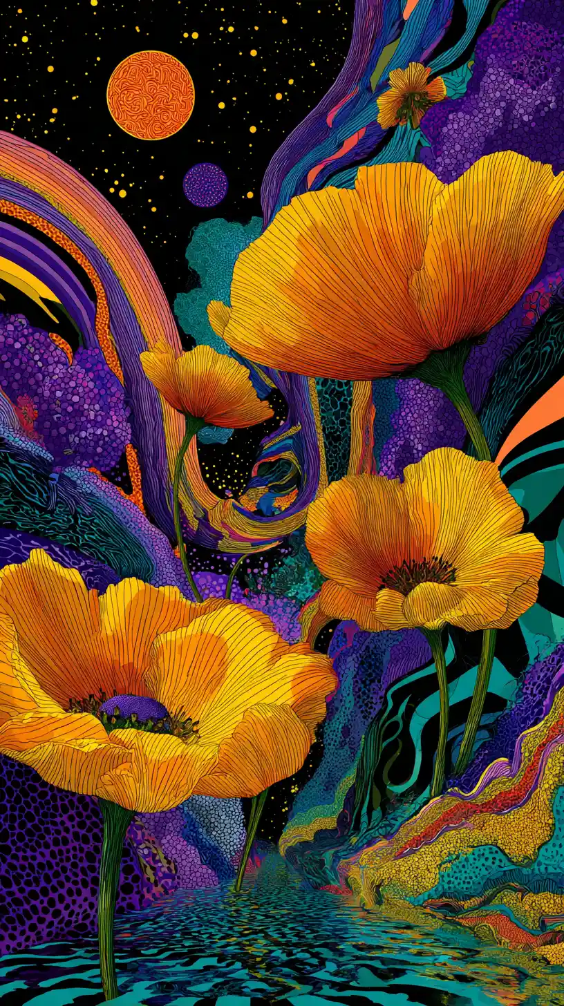 Voyage surréaliste psychédélique avec fleurs et motifs tourbillonnants