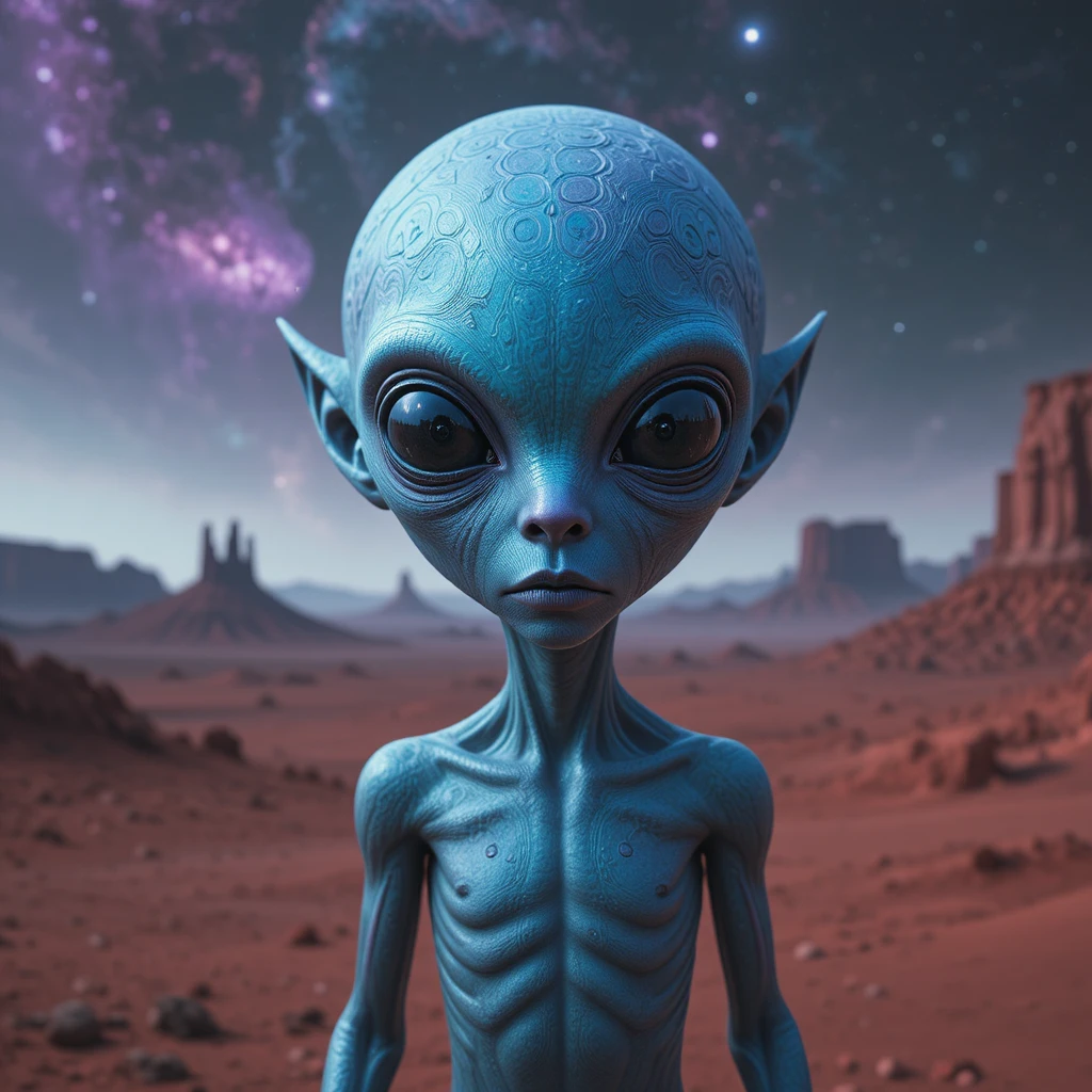 Mystical blue alien standing on a crimson alien world