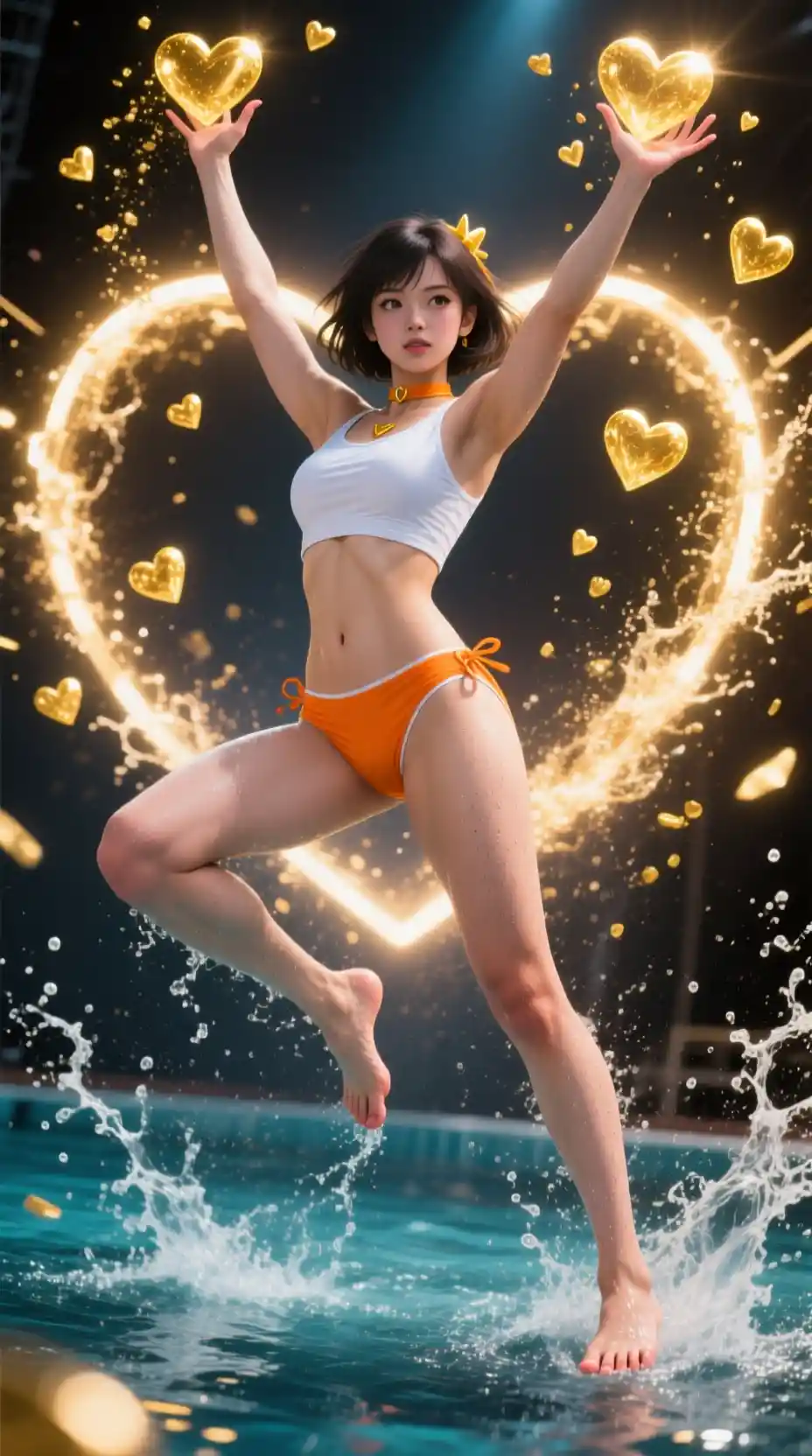 Athletic woman leaping from water in glowing golden finale
