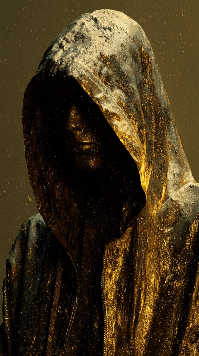 雨の都会の通りに立つ hood を被った霧の人物