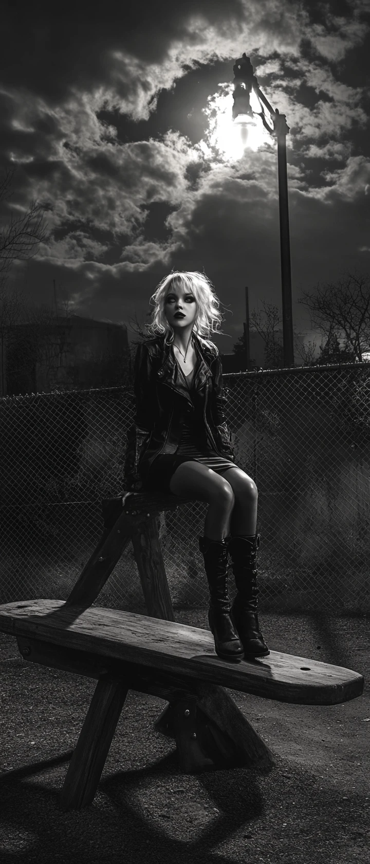 Steampunk woman on a playground seesaw at night