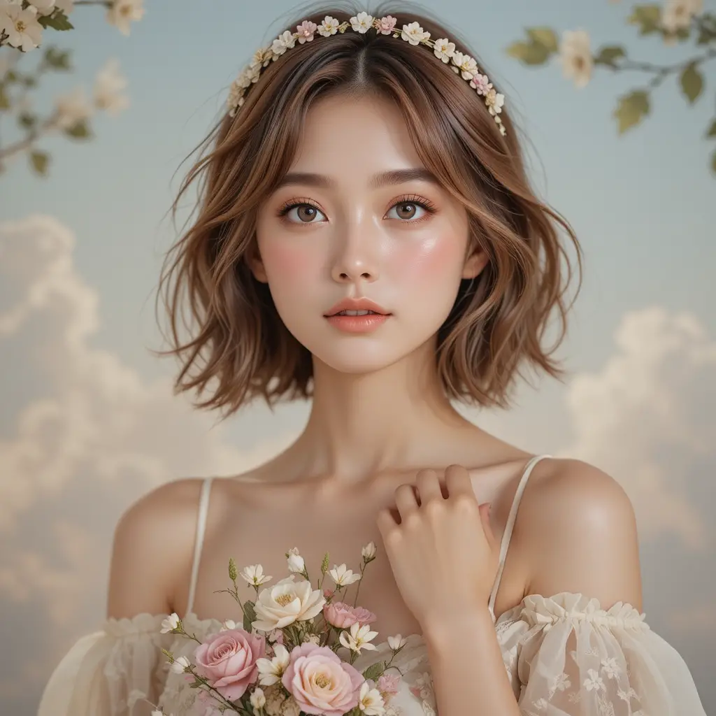 花冠をつけた若い女性の夢幻的なアップポートレート