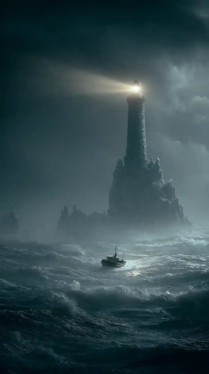 Tiny tugboat fights towering waves beside haunted lighthouse