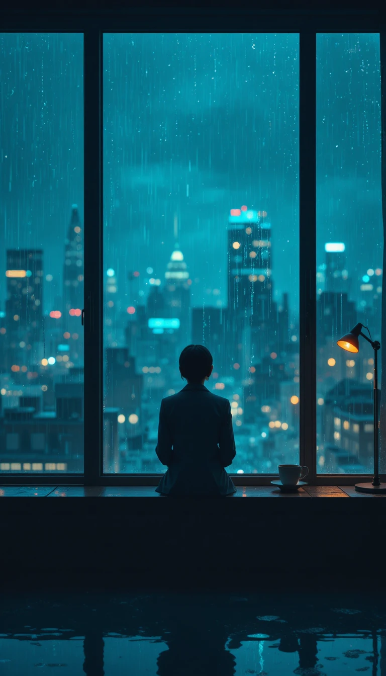 Solitary figure by rainy window overlooking distant city lights