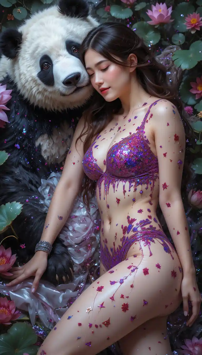 Smiling woman with panda surrounded by lotus flowers
