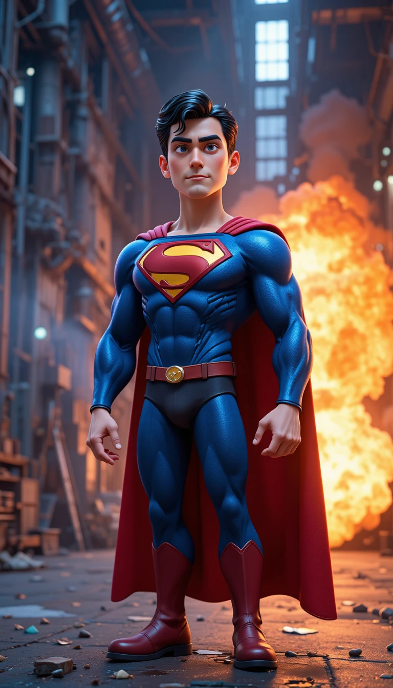 Calm superhero using heat vision in industrial 3D scene
