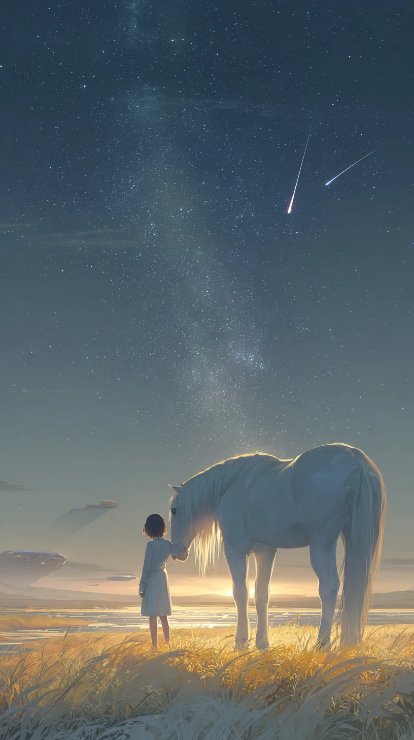 Girl Leading White Horse Under Moonlit Sci Fi Sky