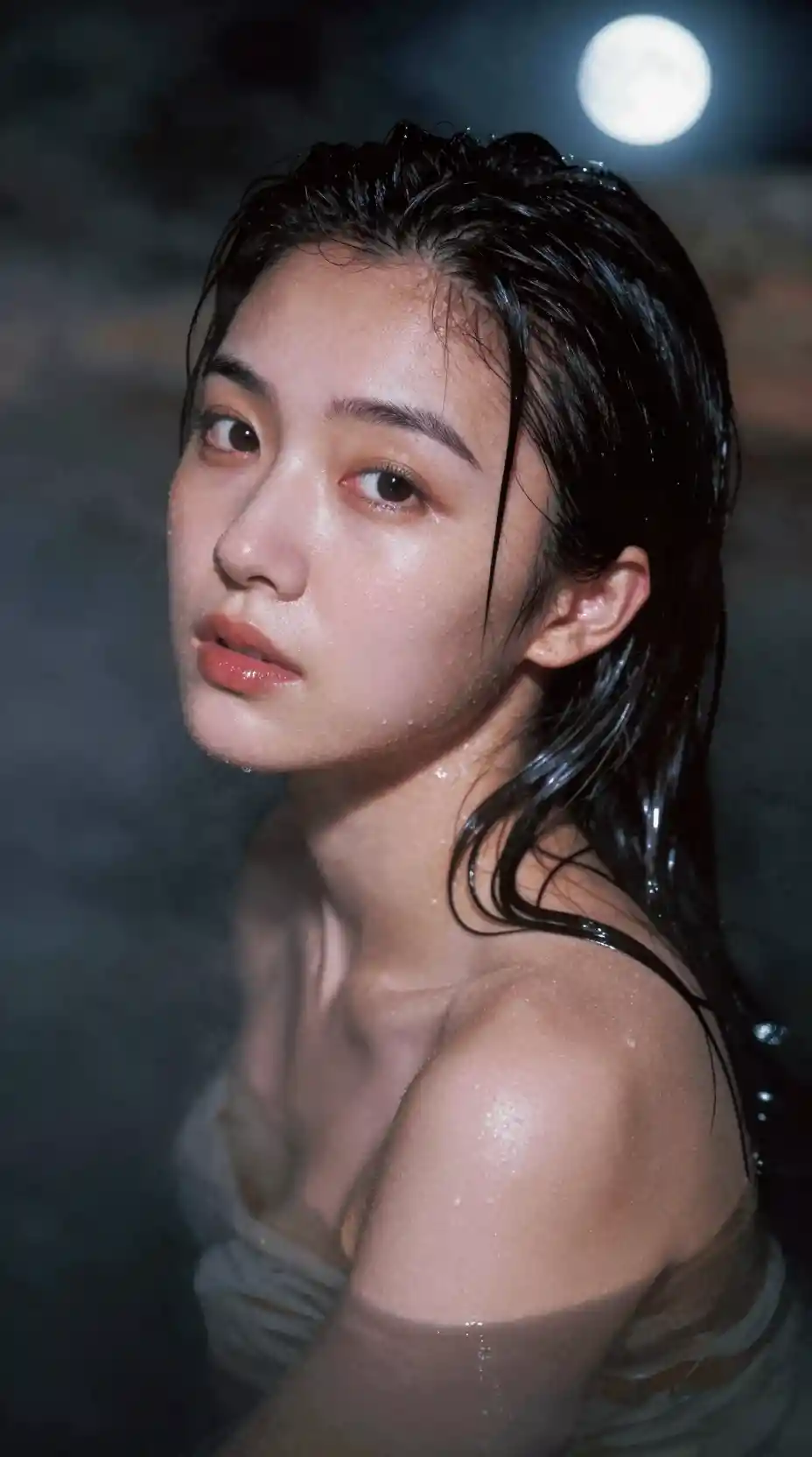 Moonlit portrait of a Taiwanese girl in outdoor onsen