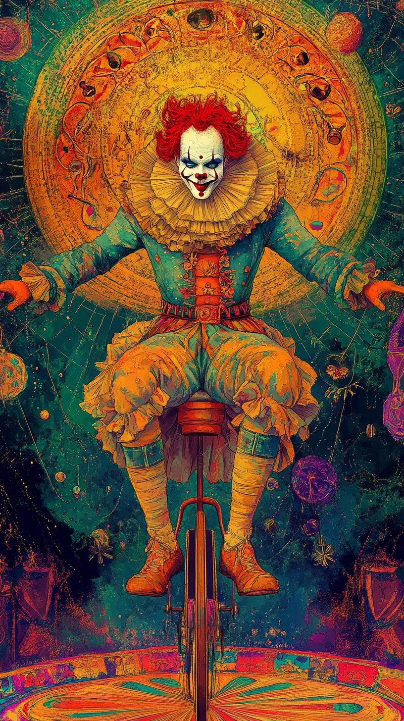 Clown On Unicycle Juggling Under A Psychedelic Circus Tent