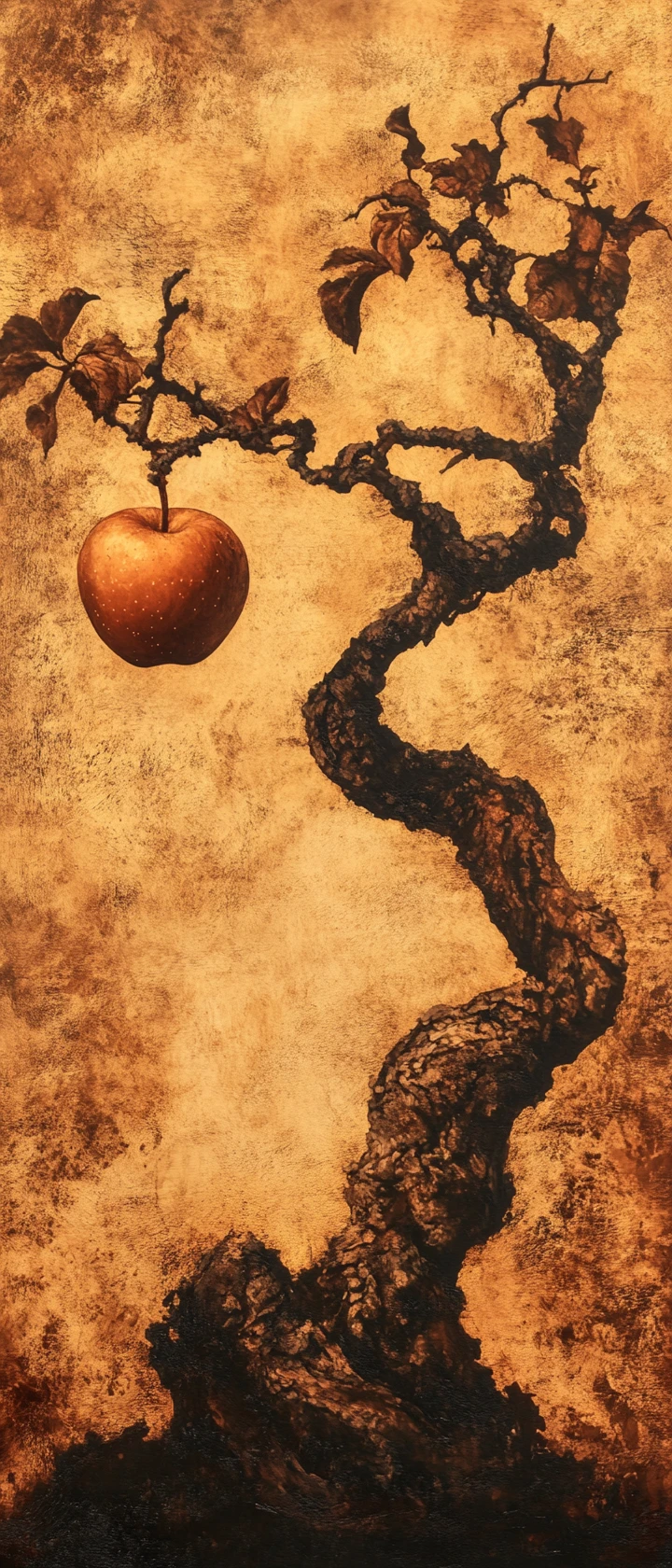Close up of a single rotten apple on gnarled tree