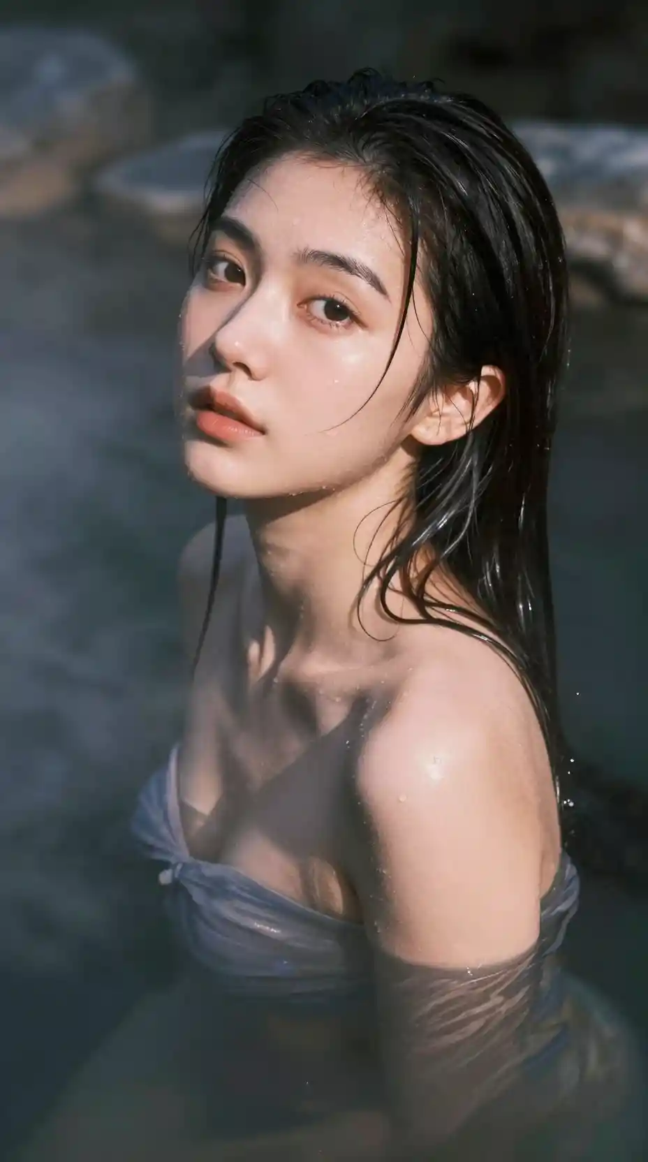 Taiwanese girl in moonlit outdoor onsen portrait