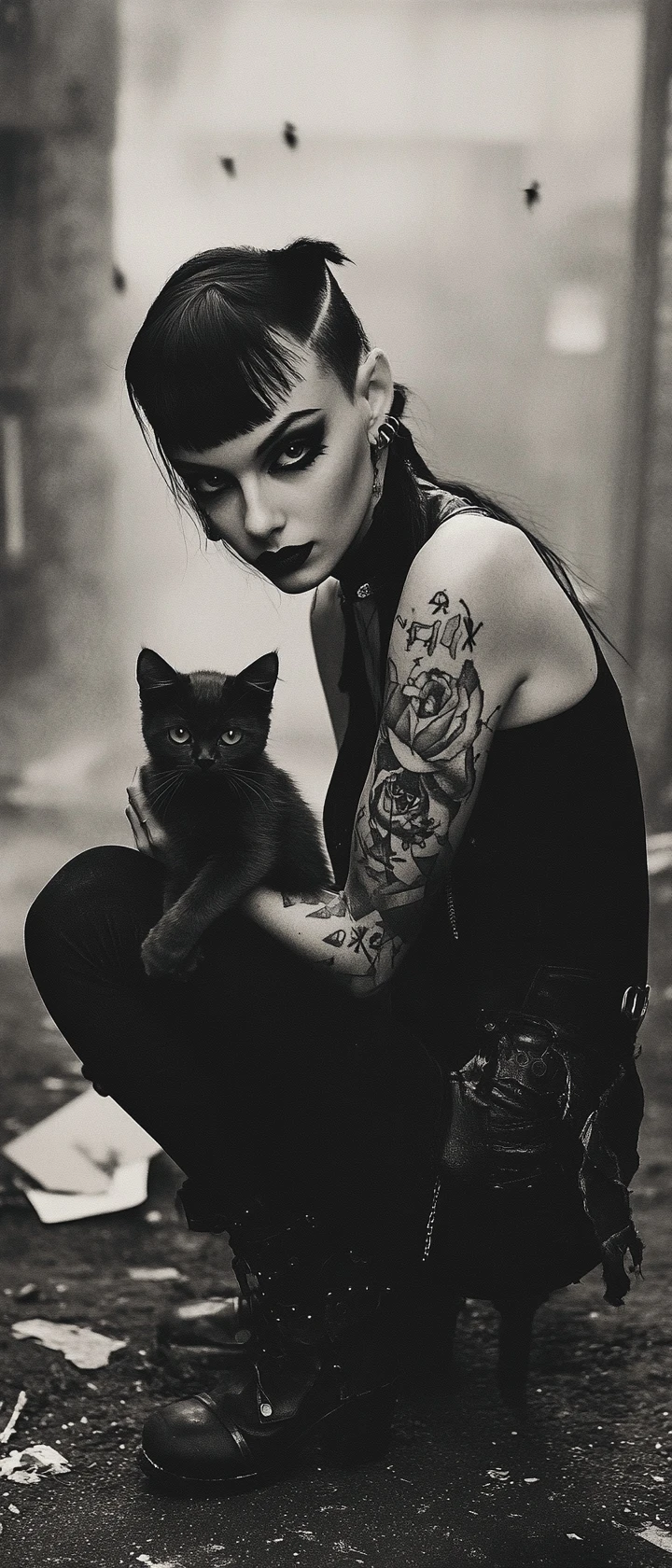 Gothic woman with kitten in a foggy urban backyard