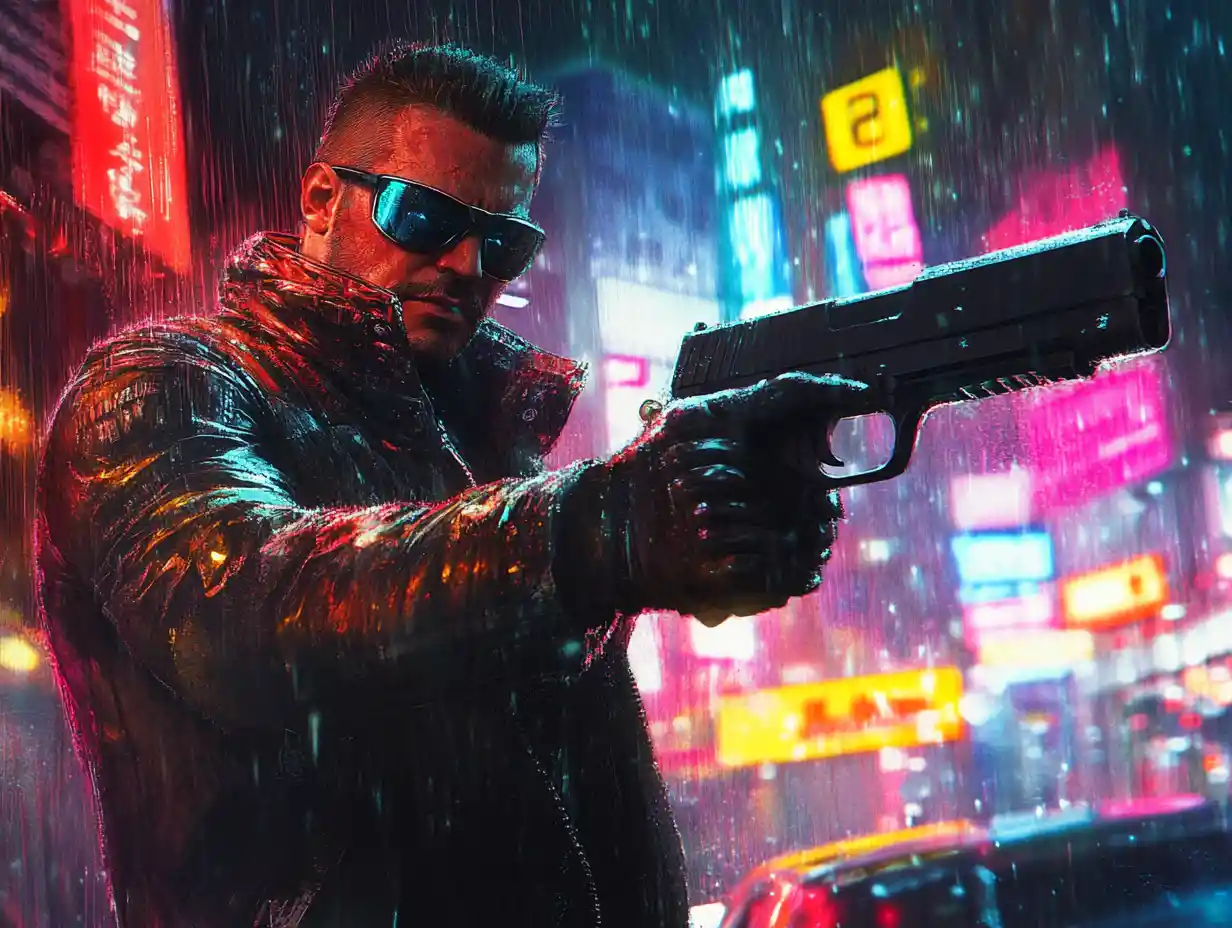 Cyberpunk enforcer in neon lit rainy city street