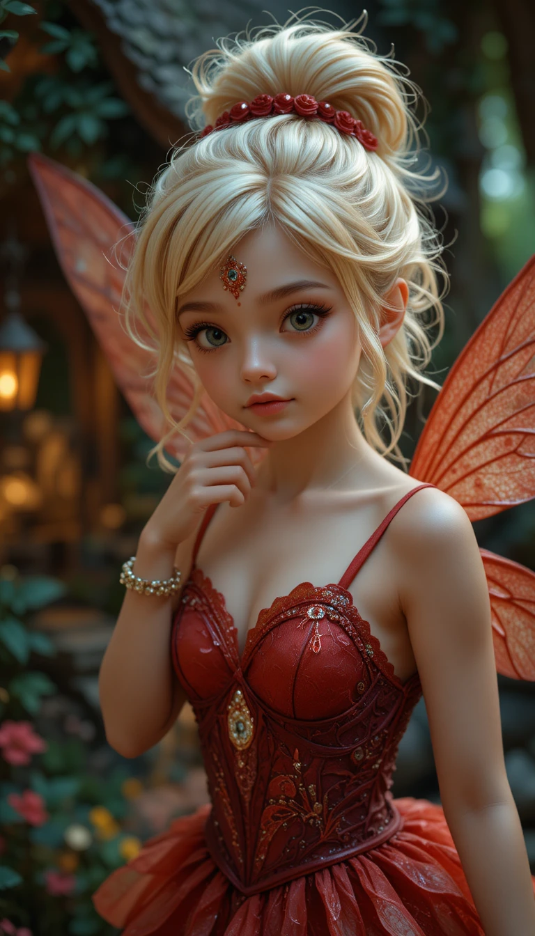 Schüchternes blondes Feenmädchen im roten Kleid fliegt am Baumhaus vorbei