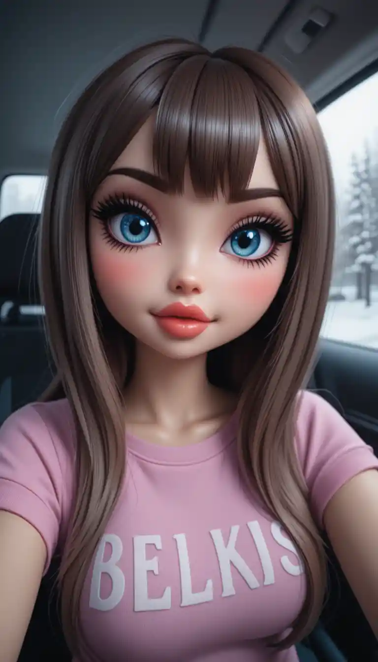 3d doll like girl selfie in a modern car interior