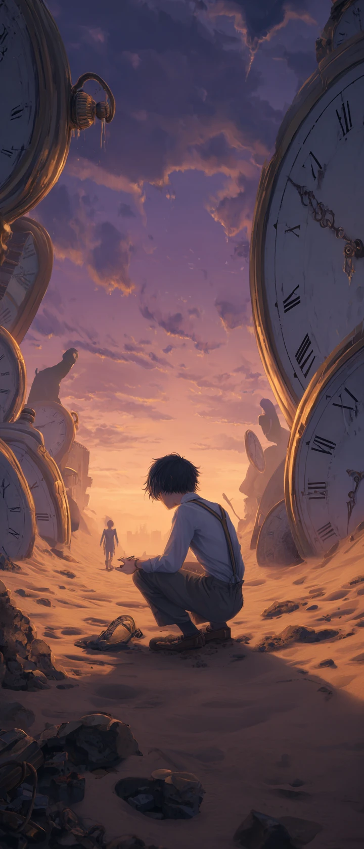 Young man kneeling in a surreal desert of melting clocks