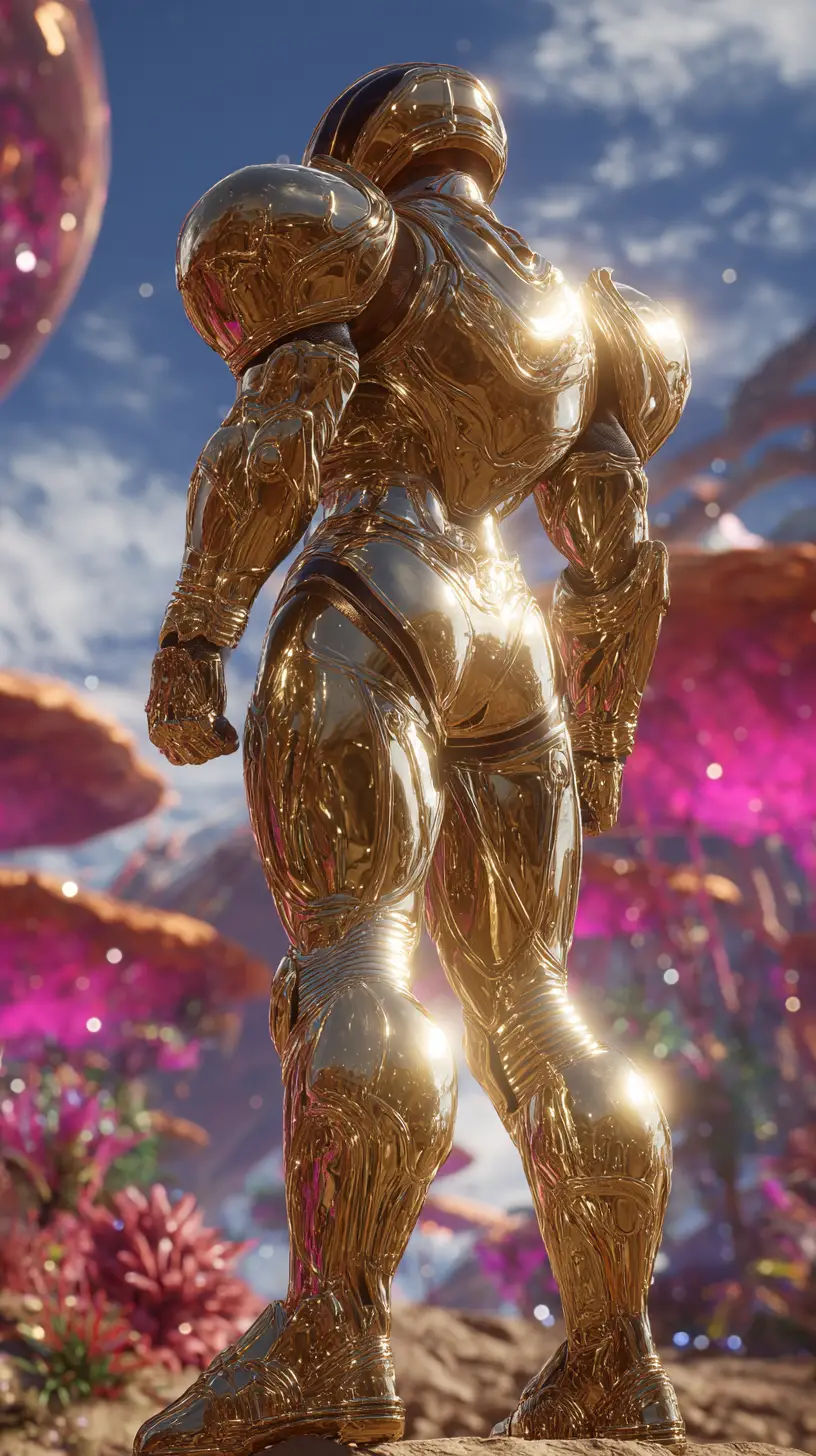 Colossal female warrior in liquid gold futuristic armor