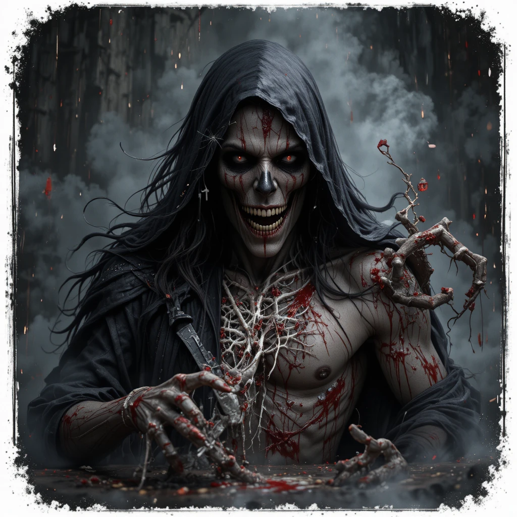 Gothic vampire man with skulls crosses and bats