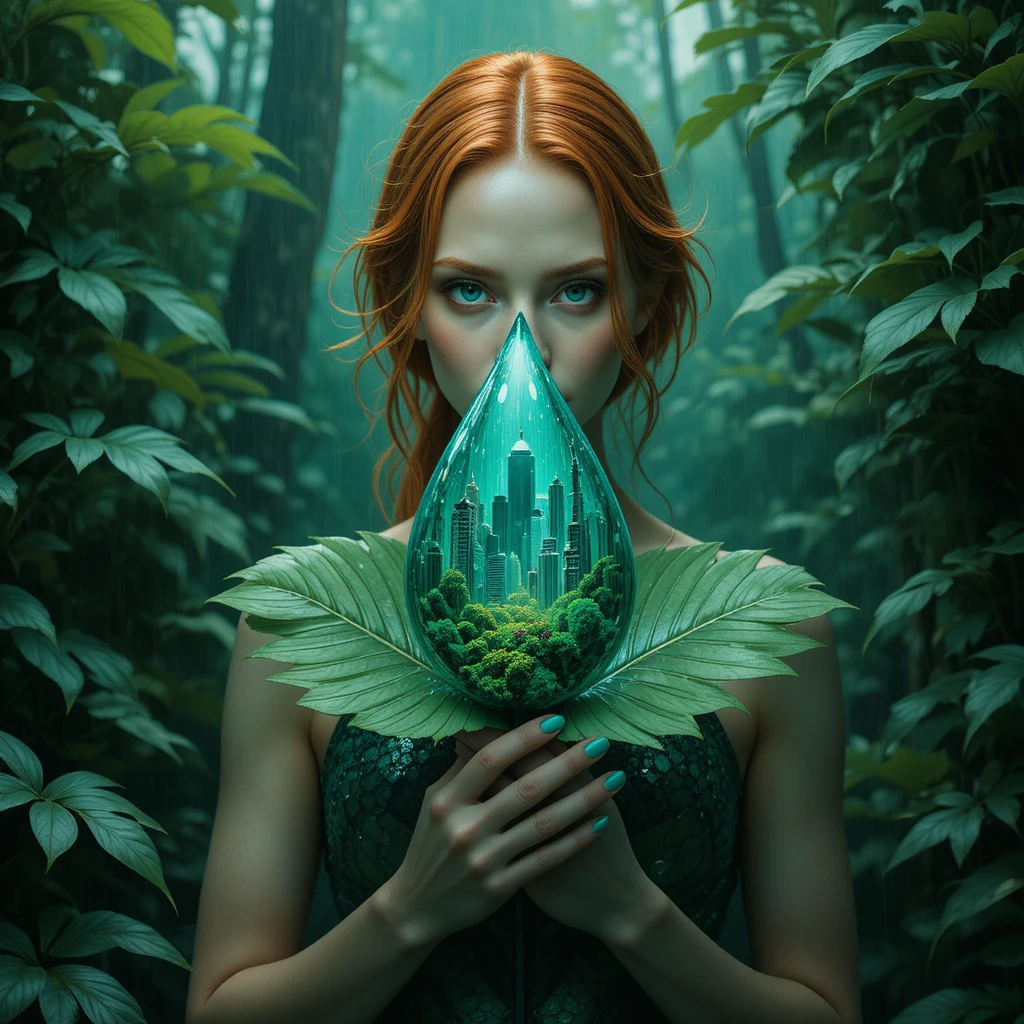 Red haired woman with leaf and raindrop in rainforest