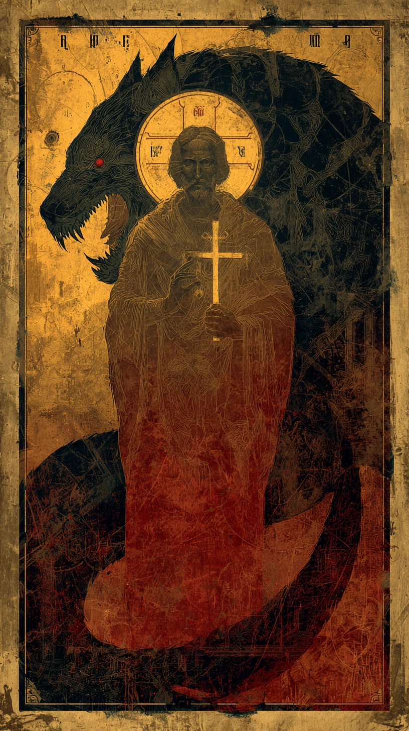 Dark saintly icon with flaming cross and looming shadow