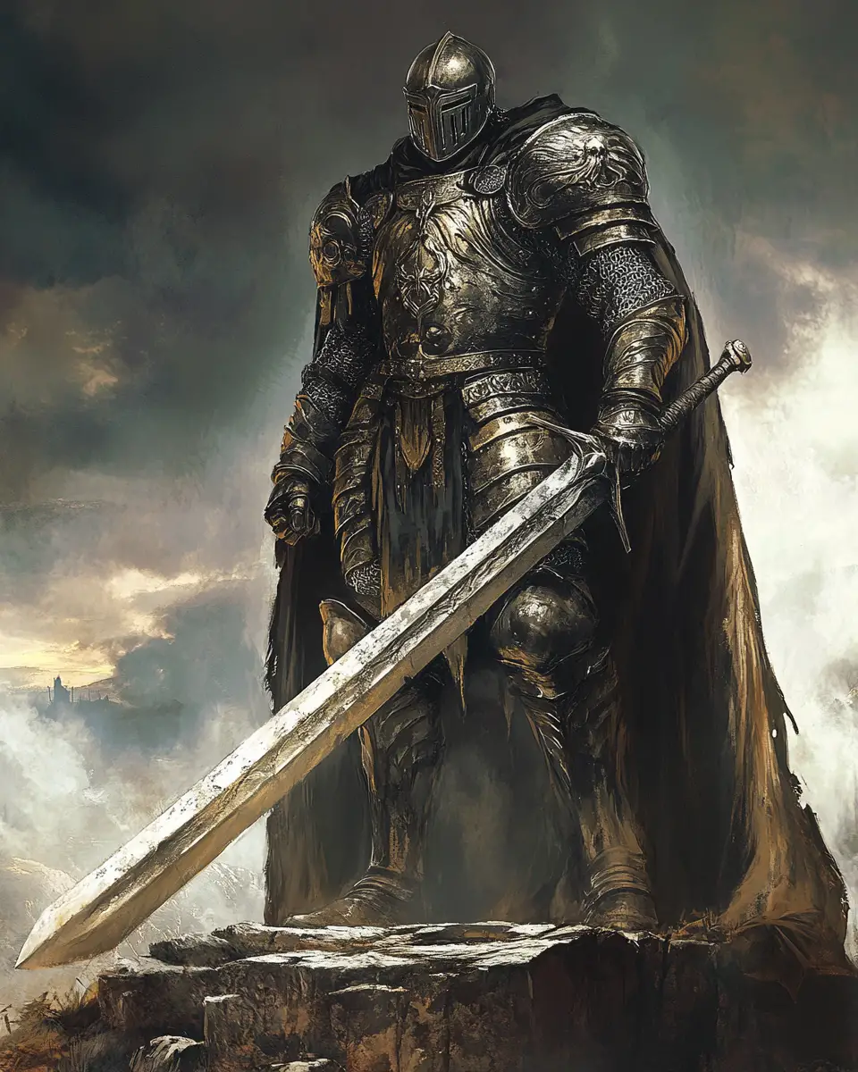 Epic knight with broadsword in ornate shining armor